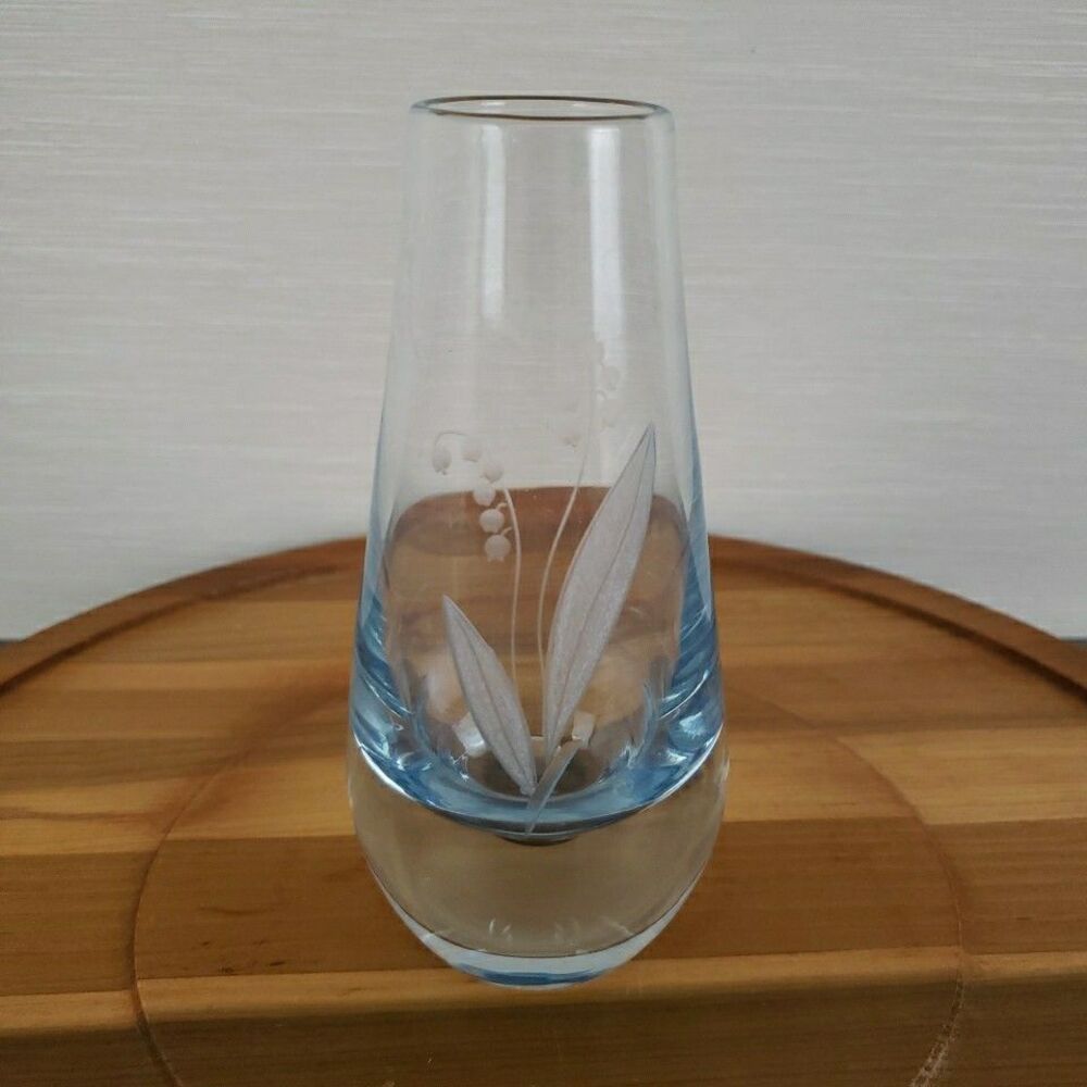 Lily of the Valley Swedish Etched Crystal Vase 6” Bubble Vintage MCM Glass